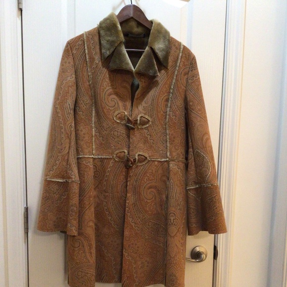 Express Women's Tan Coat Paisley Design Fur lined approximate Size: Medium - Picture 1 of 9